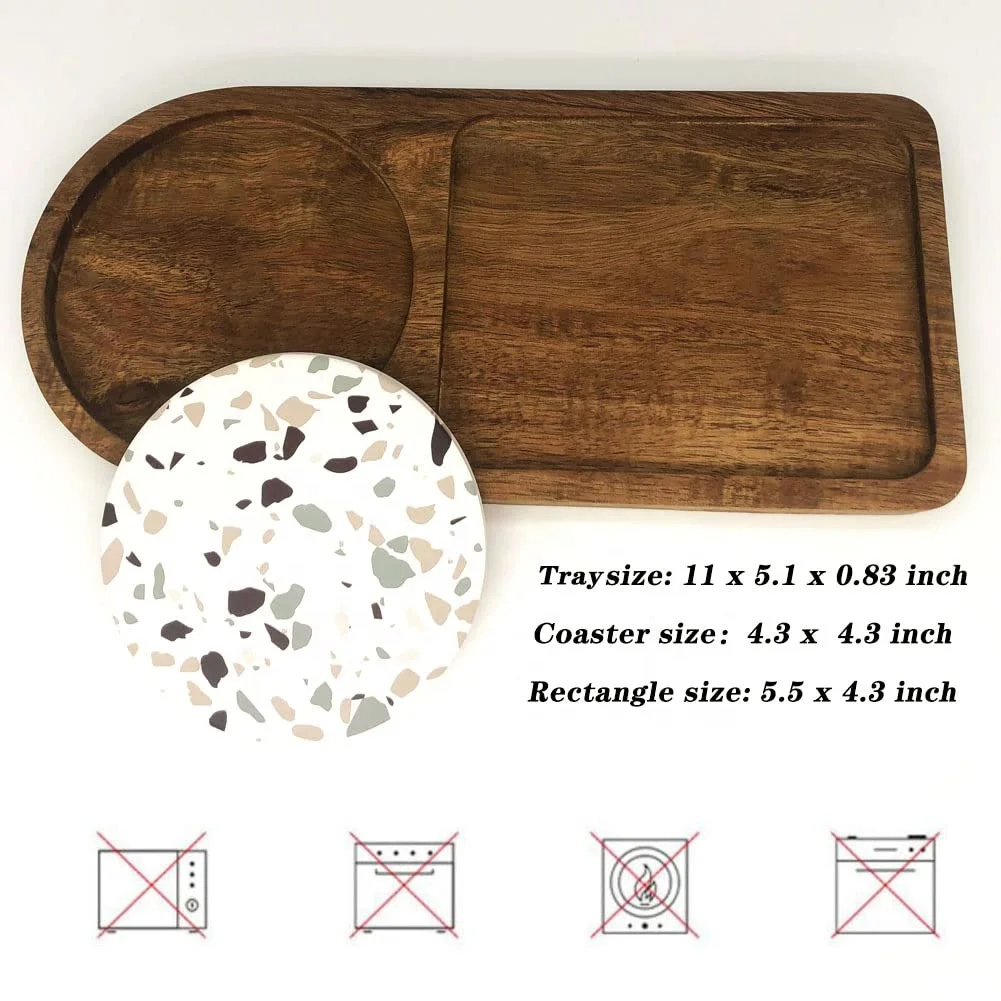 Wood Serving Tray Bread Plates with Coaster 11 Inch Rectangular Service Board Acacia Plate