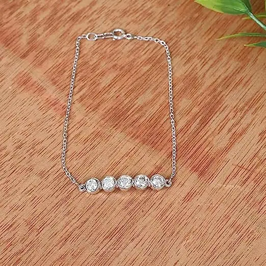 18K Gold Plated Round Moissanite Diamond Bracelet, 4.00MM Round Cut Bezel Set Bracelet For Her