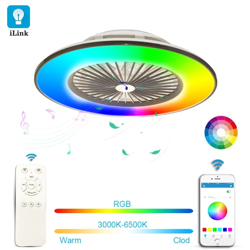 Яркий ослепительный музыкальный RGB потолочный вентилятор с голосовым управлением через приложение и светодиодной подсветкой для умного дома