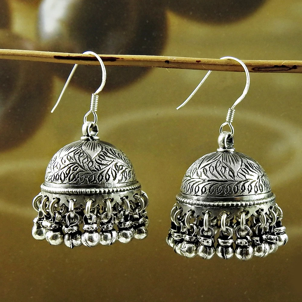 Indian Artisan Handicraft Jewelry 925 Sterling Oxidized Silver Dangle Handmade Jhumka Earrings For Woman Girls Bulk Manufacturer