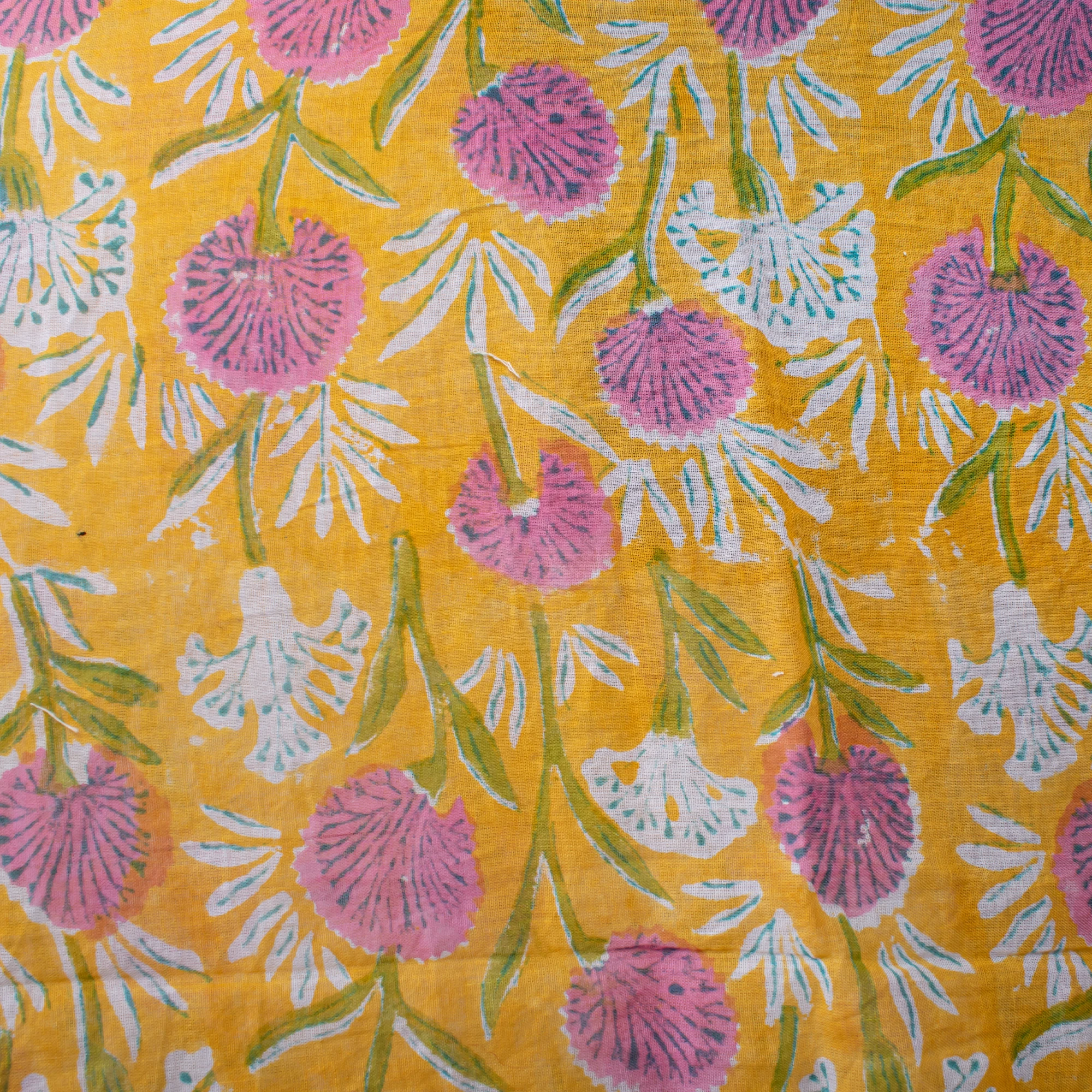 Winter Floral Block Printed Cotton Scarf Handmade Yellow Indian Stole Scarves-Summer Pareo Beach Sarong Swim Cover Ups Wholesale