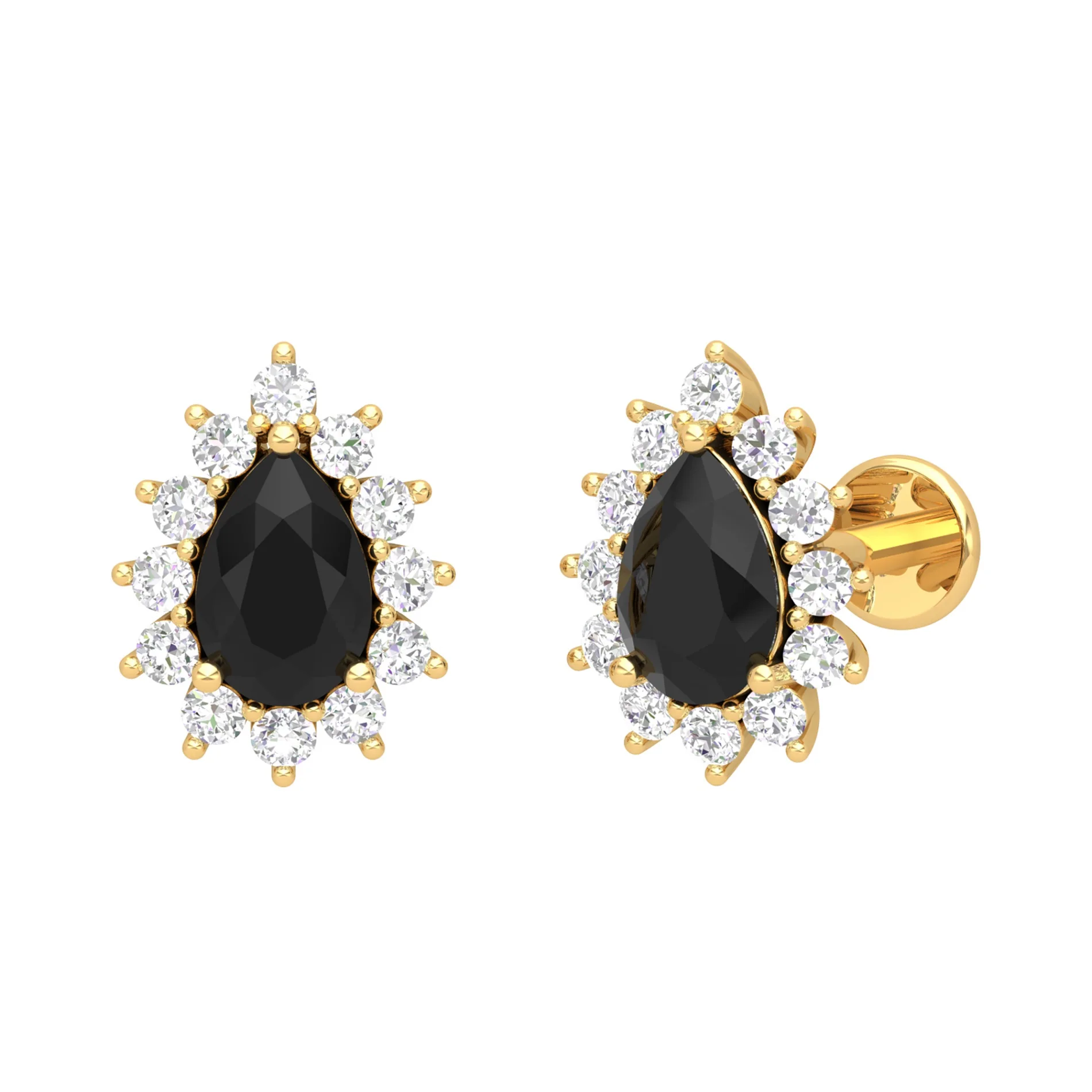 Beautiful Classic Natural Pear Diamond And Onyx Stud Earring Birthstone Earring For Women AAA+ 18K Yellow Gold Gemstone Jewelry