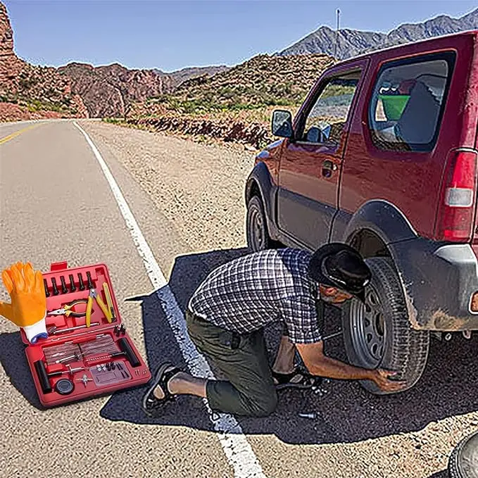 Car Repair Kit 74 Pcs Universal Tire Plug Kit Heavy Duty Repair Kit for Cars, Trucks, Motorcycles, ATV,RV,Jeep, Tractor, Trailer