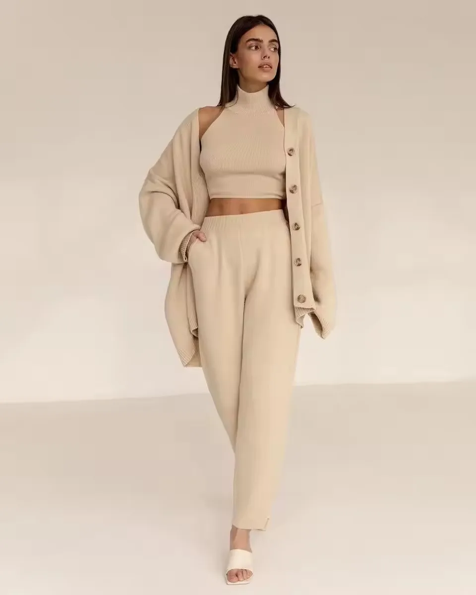 Logo Custom Ladies Cashmere 3 Pieces Set High Neck Knit Pullover Vest Long Pant Oversize Cardigan Casual Women Sweater Set