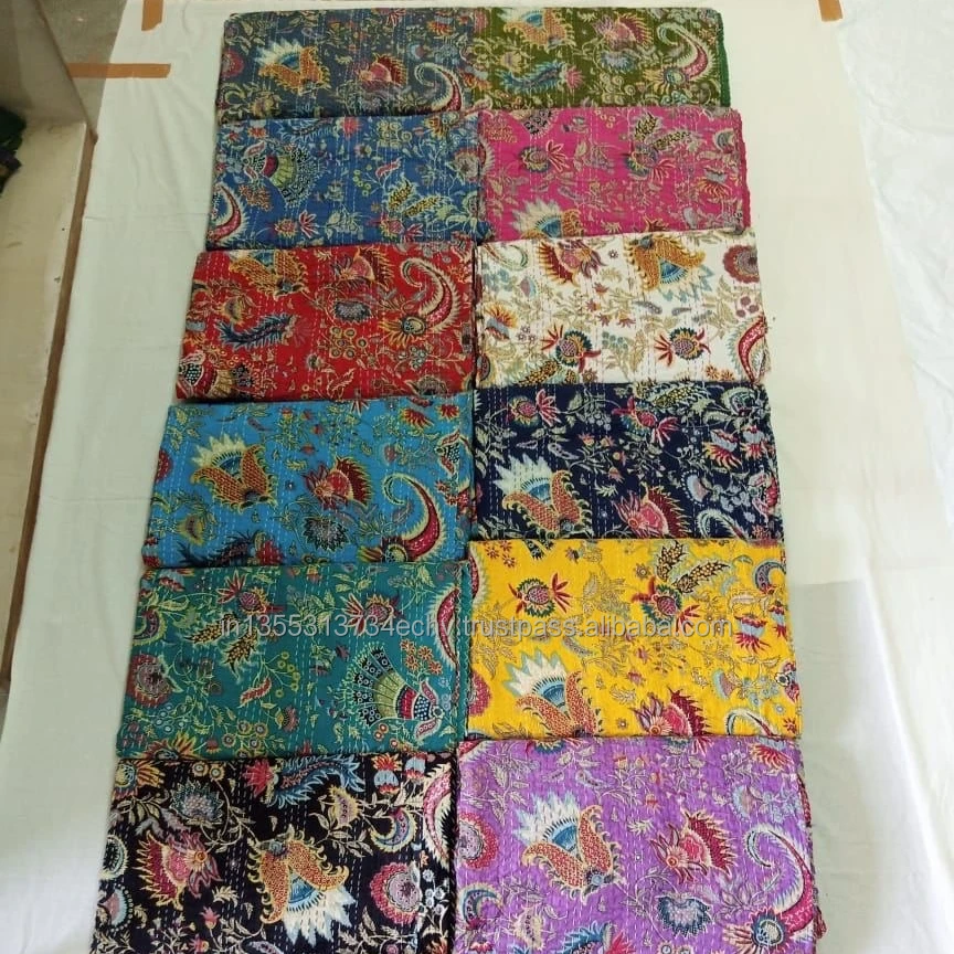 Индийское одеяло Kantha плед ручной работы Хлопковое