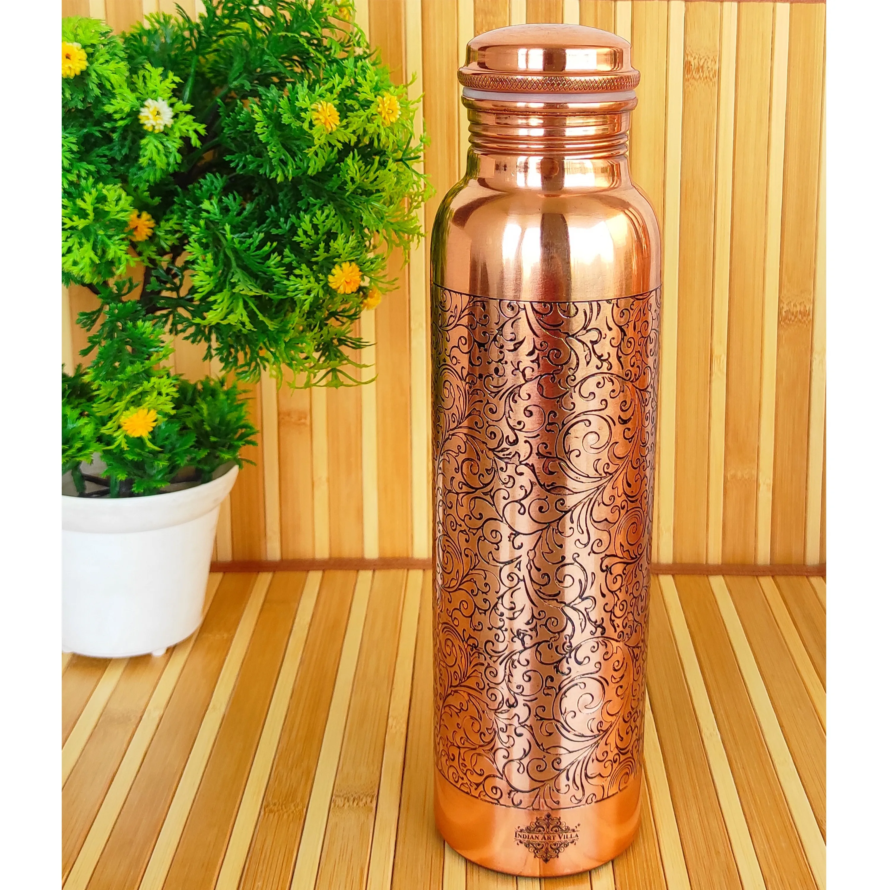 Indian Art Villa Pure Copper Water Bottle With Embossed Design, Drinkware & Storage Purpose, Ayurvedic Health Benefits, 1000 ML