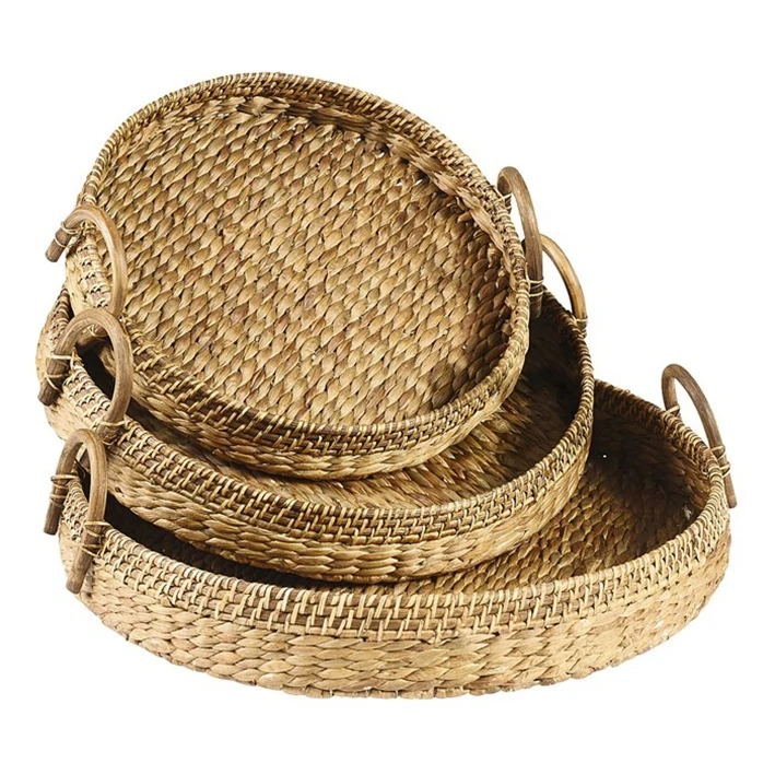 100% Handwoven Natural Round Water Hyacinth Decorative Serving Tray Vietnam Supplier Wholesale Price Food Serving Trays