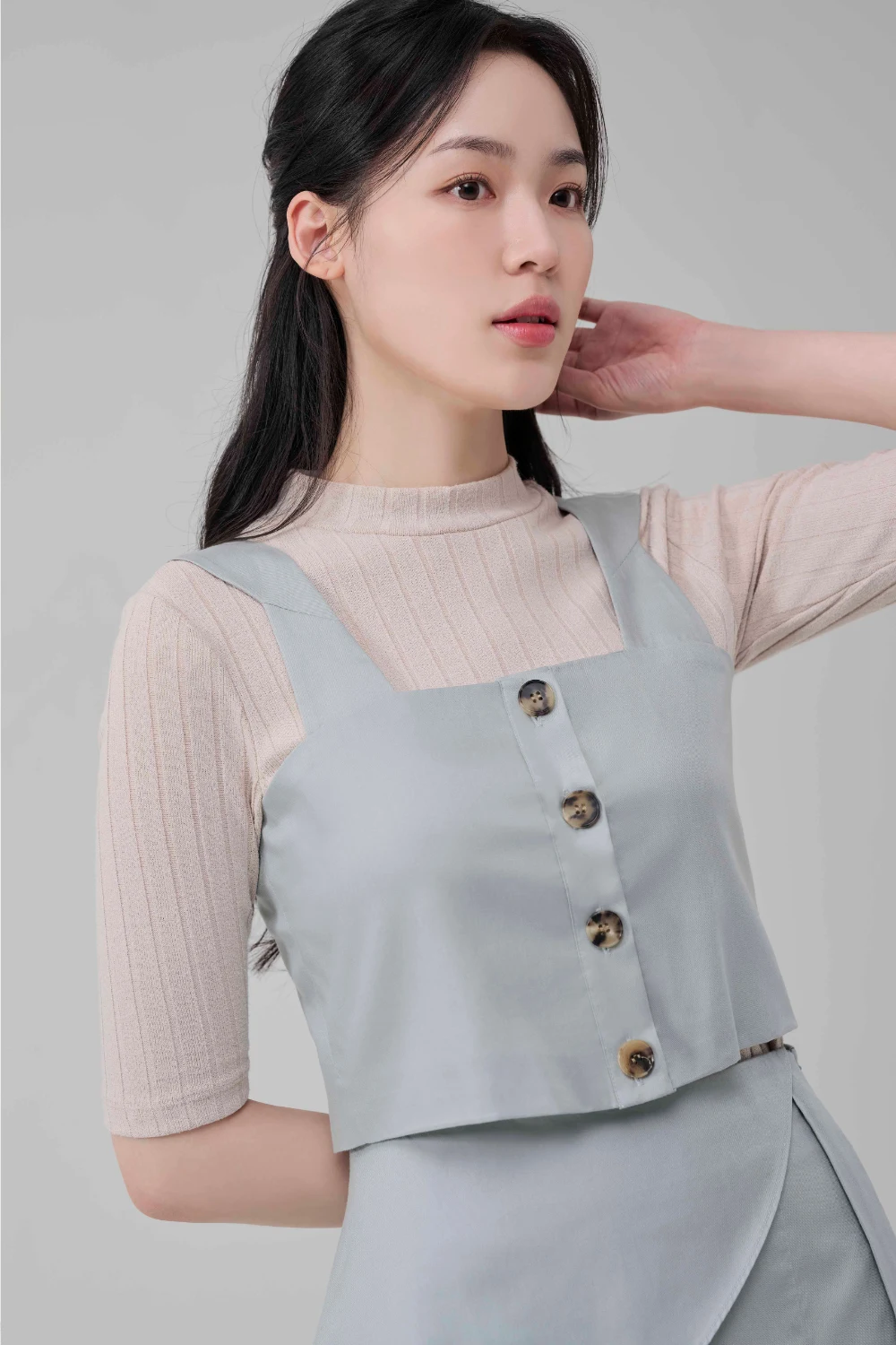 [HYEYEONG KIM] CO-ORD SET VEST Trending Products 2024 New Arrivals Wholesale Clothes Taupe/bluemint S/M Korean Fashion