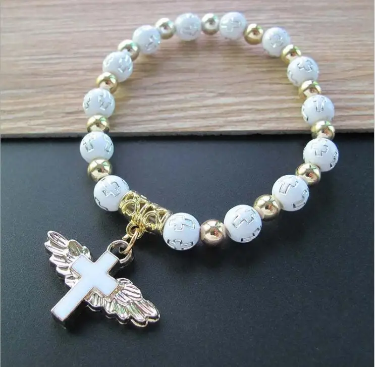8mm Angel Wing Cross Rosary Bracelets White Gold Cross Charms with Angel Wing Acrylic Baptism Beaded Bracelets Making Jewelry