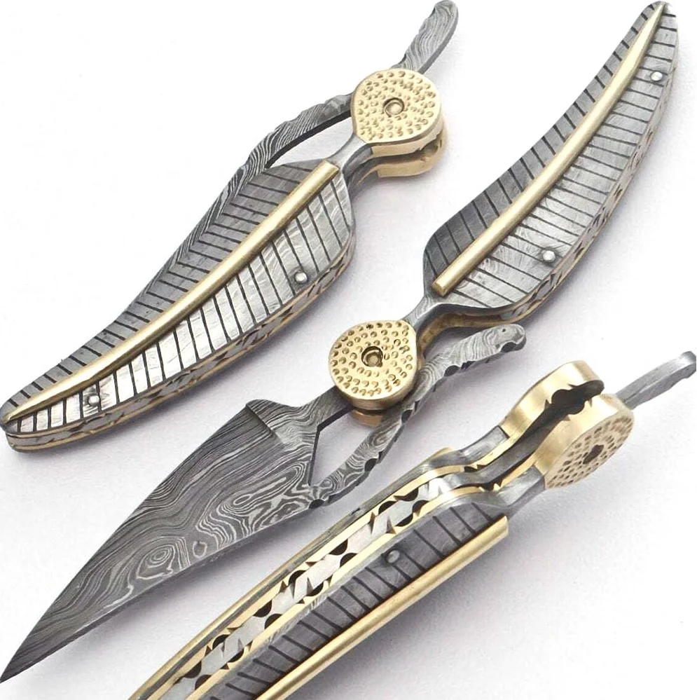 Damascus Steel Folding Knife Outdoor Pocket Kitchen Knives with Leather Sheath Wholesale