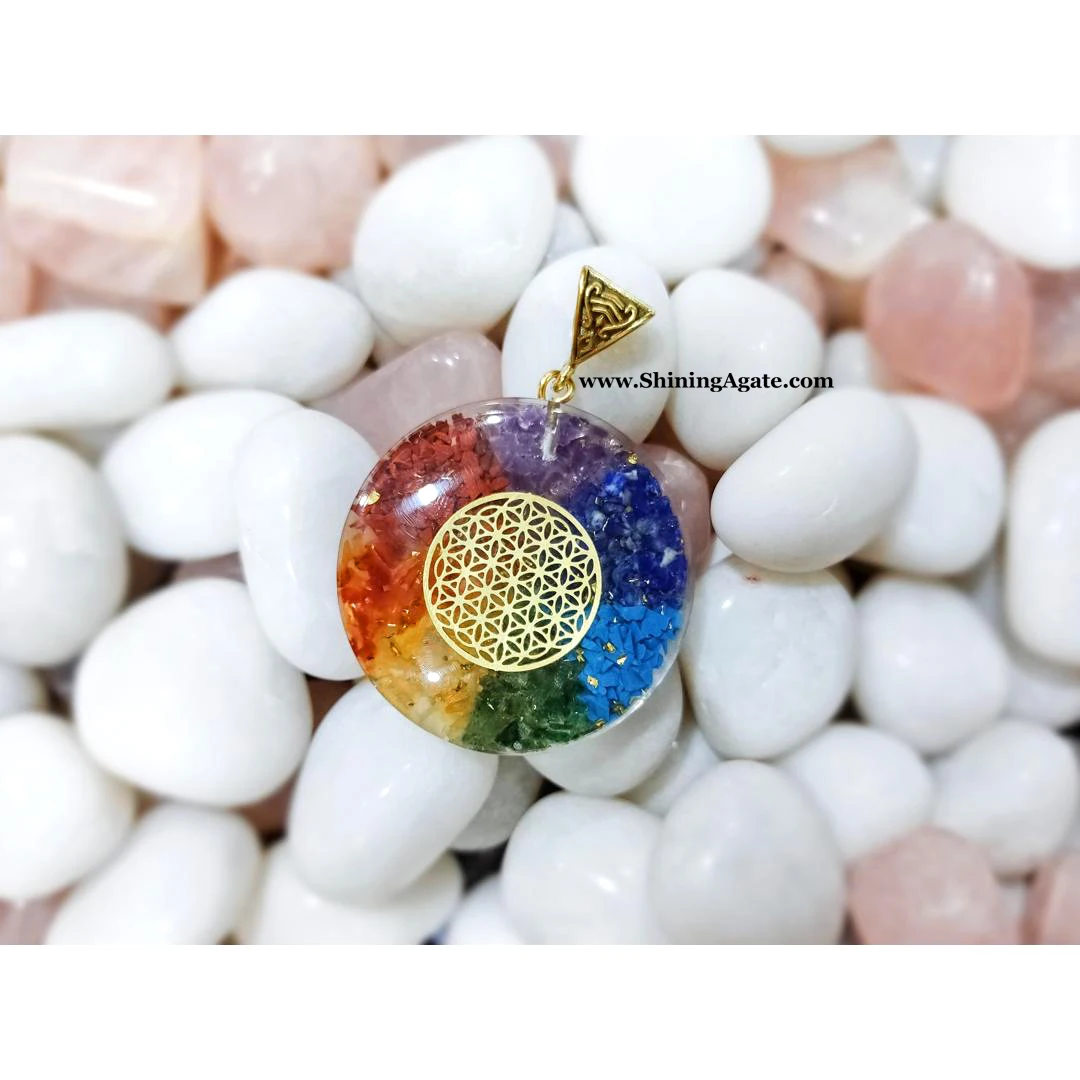 Seven Chakra 40mm Orgone Pendant With Flower Life Symbol Chakra Balancing Gemstone Pendant