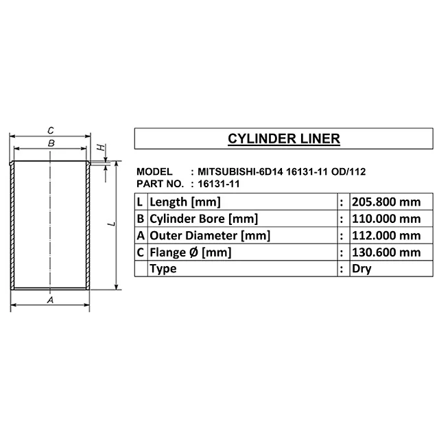 mitsubishi-6d14 16131-11 od/112 for Dry cylinder liner oe 16131-11 id 110 od 112 length 205.8 made in india