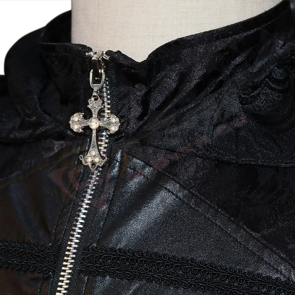 Ladies Plus Size Vintages Medieval-Steampunk Gothic Breathable Black-Halloween Longed Cosplay-Hooded Leather Coats