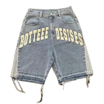 Custom Embroidered Patches Logo Raw Hem Cut Edge Denim Streetwear Hip Hop Cargo Jean Shorts For Men