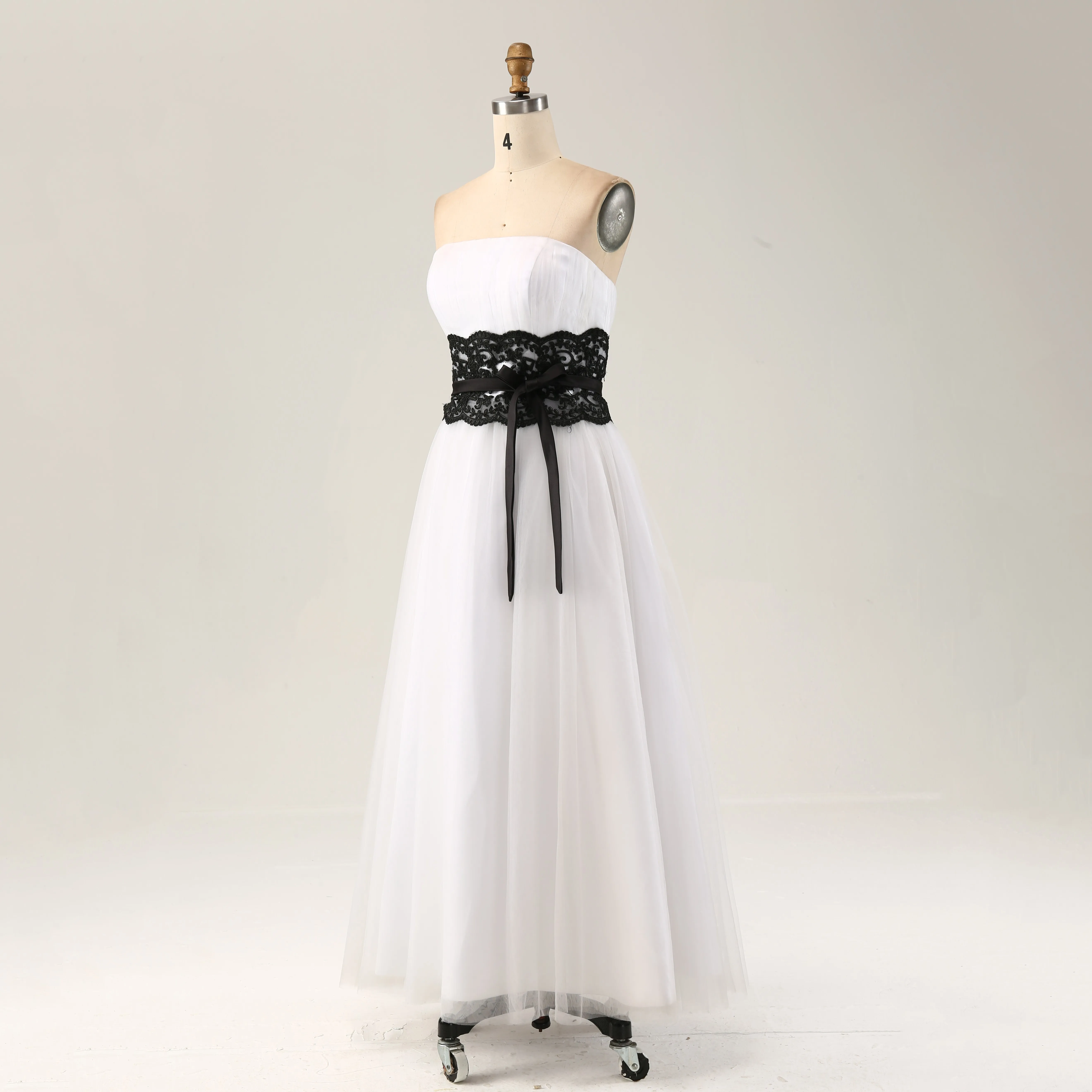 White Elegant Strapless Tea Length Formal Women Wedding Dresses Empire Waist A-Line Tulle Lace Long Bridal Gown