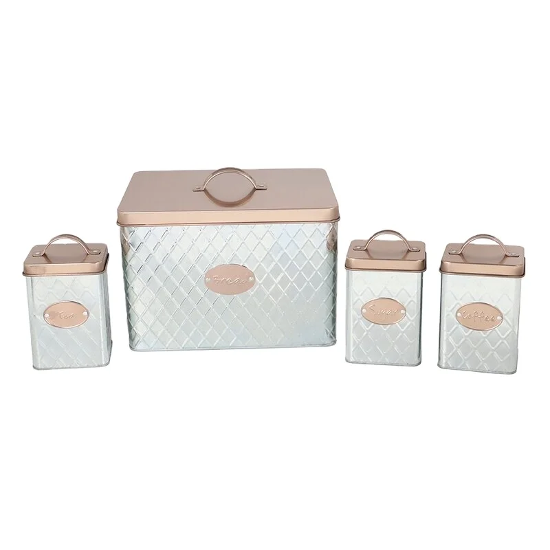 4 Piece Tin Counter Storage 4 Piece Set of Coffee Tea & Sugar Kitchen Canisters & Jars Bulk Quantity Direct Factory Price 2023