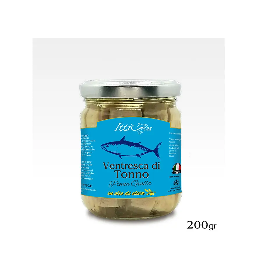 Hot Selling 100% Yellow Fin Tuna Belly Handmade Processing in 200g Canned Tuna in Olive Oil Glass Jar Popular Fish Type