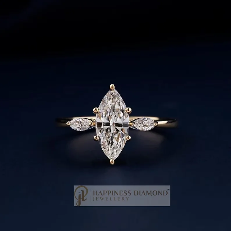 Low Prices 1 CT Marquise Cut Moissanite Three Side Stone Diamond Ring with Solid Gold Metal Conflict Free Wedding Ring For Sale