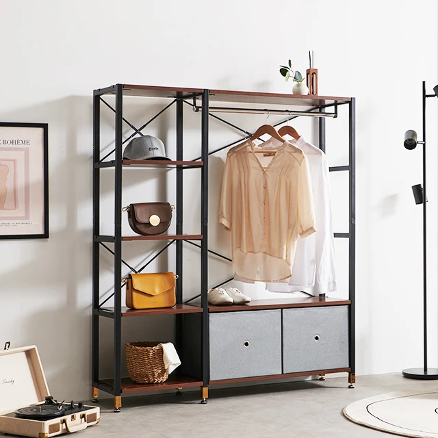 Double Rod Freestanding Closet DIY Simple Wardrobe with Hanger Rod Wooden cloth wardobe led walking wardobe cabinet