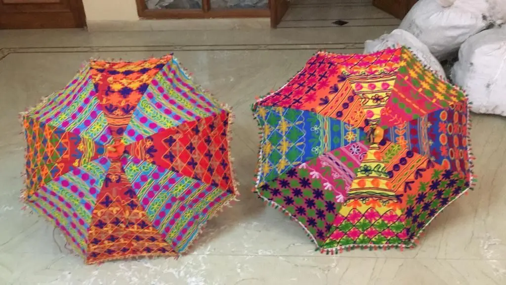 Handmade Colorful Embroidery Flower Umbrella Rajasthani Bagru Printed Parasol Outdoor Garden Umbrella Beach Umbrella