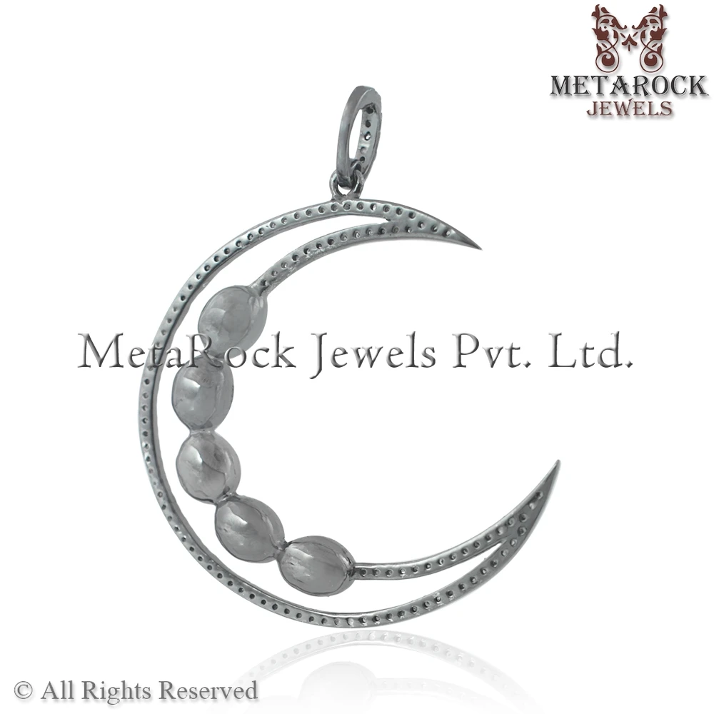 Brown Diamond Oxidized 925 Silver Designer Crescent Moon Pendant Chain Necklace Handmade Polki Pendant Jewelry  Wholesale