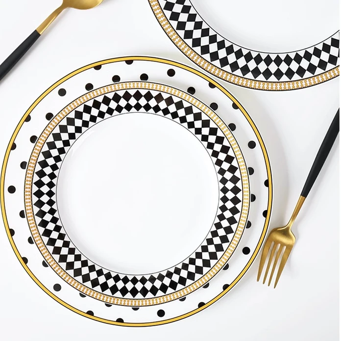 European Luxury Home Wedding Party Fine Dining Bone China Geometric Pattern Dinnerware Tableware Flatware Bowl Dishes & Plates