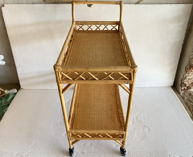 Vintage Bamboo and Rattan Bar Cart Serving Trolley  made in Viet Nam Rattan Petite Bar Cart