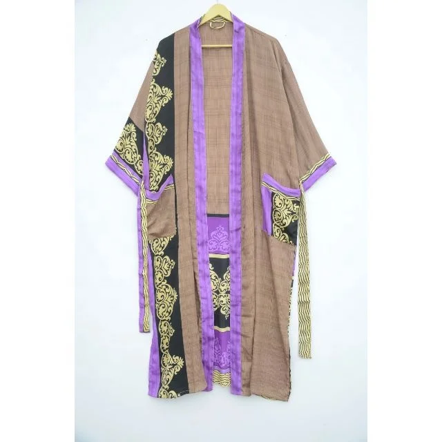New Arrival Silk Boho Kimono Robe Regal House Robe Luxury Lounge Digital Print Flowy Gown Loungewear