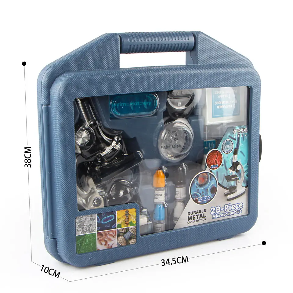 1200X 28-pieces student beginner microscope STEM kit metal body toy microscope with slides, LED light and carrying box science e