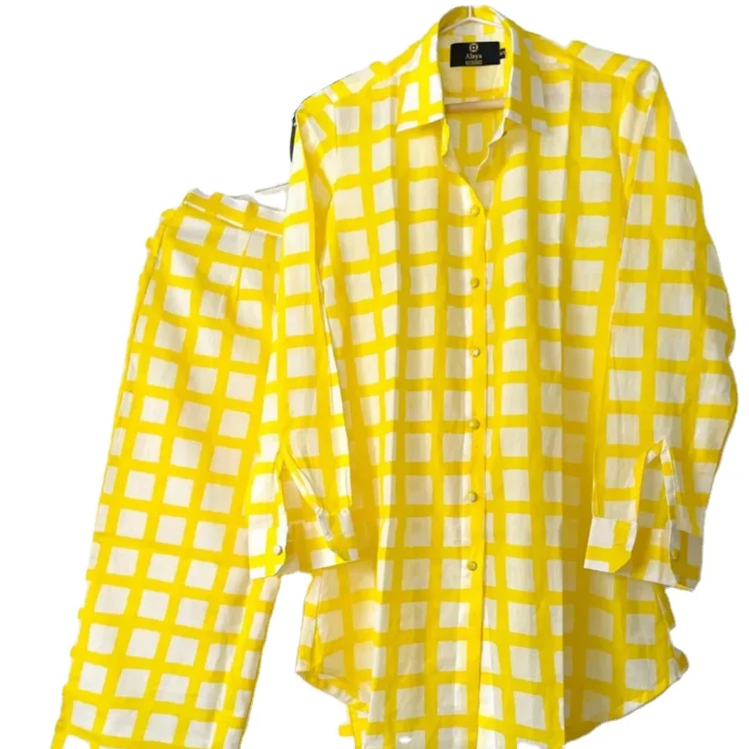 Yellow Gingham Co-ord Set Casual Dress for Womens closed neck Cotton Women Dress from Indian Manufacturer and Exporter