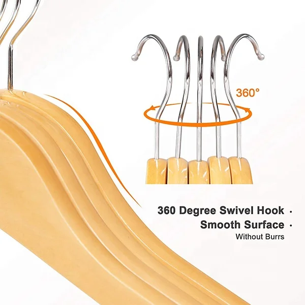 Custom logo Strong Wooden Hangers with Shoulder Grooves Natural wooden hanger 100 Pack hotel hanger