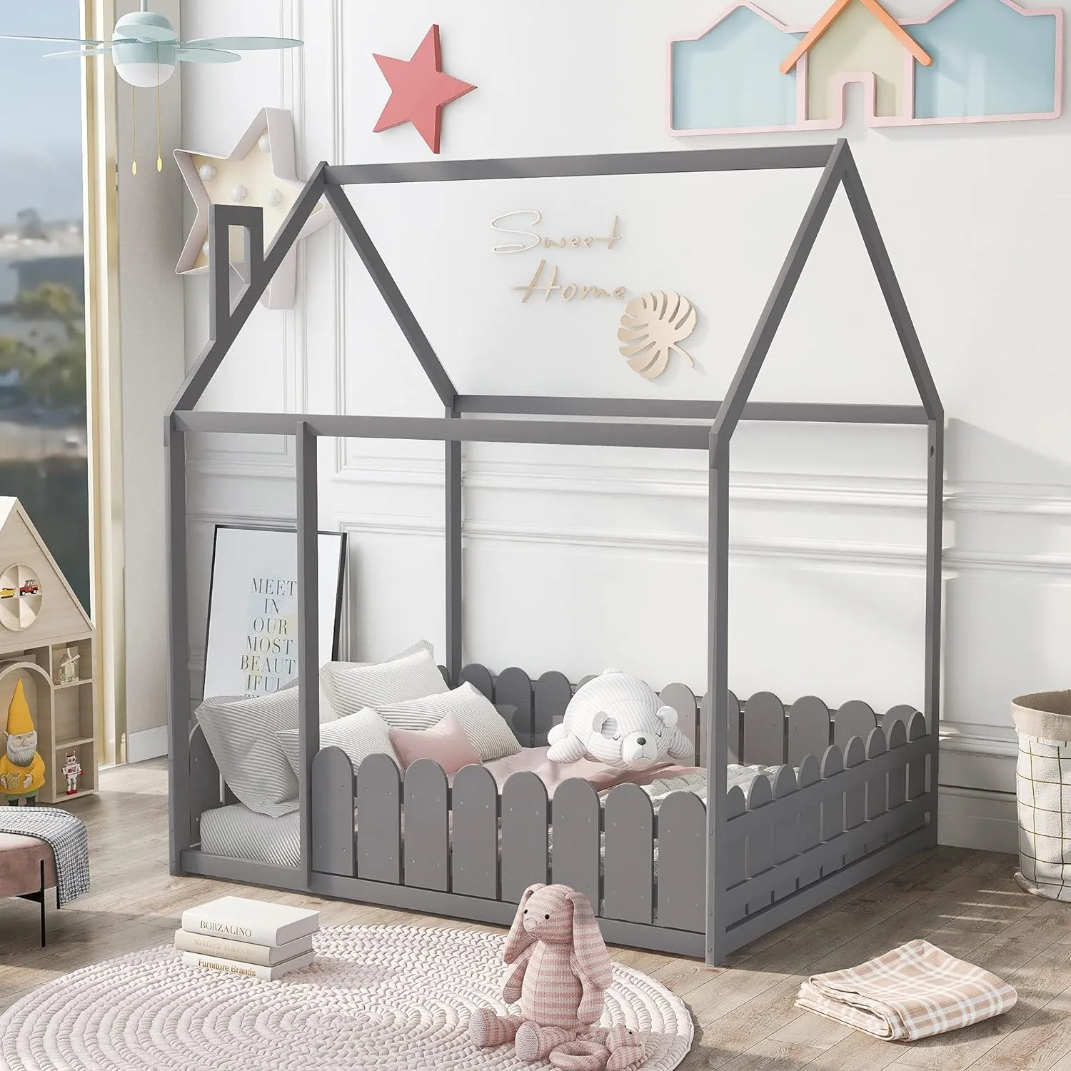 Adorable wooden kid bedroom furniture house shaped children bed sturdy wood toddler frame beds