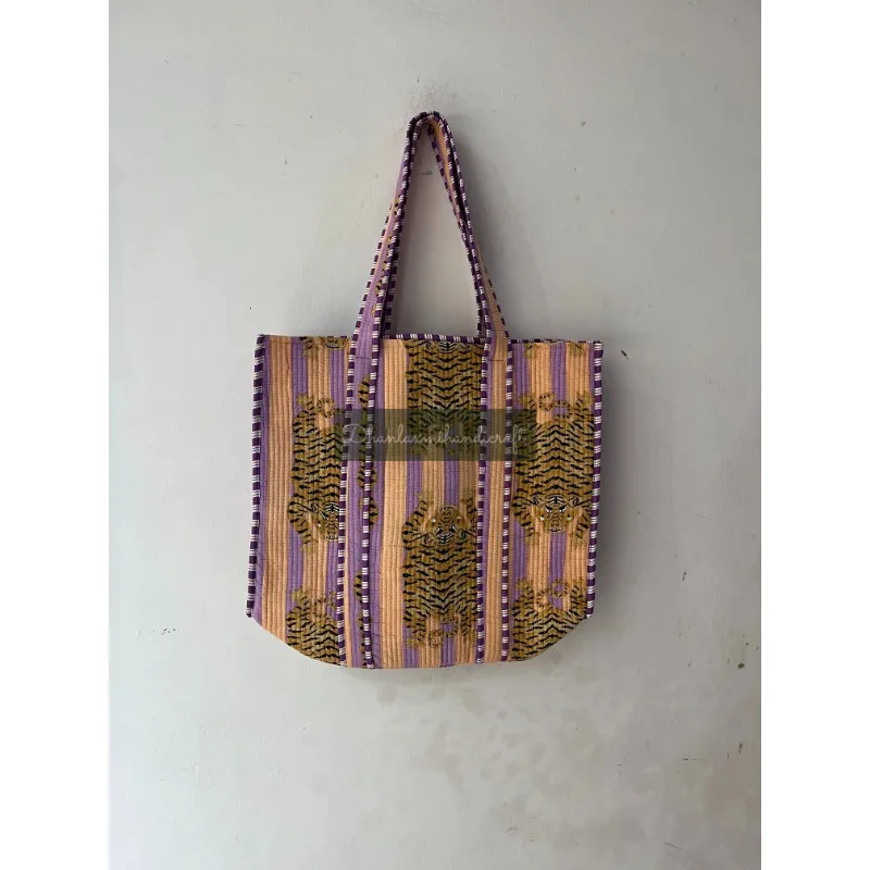 Wholesale Lot of Indian Cotton Quilted Handbags Bohemian Style Tiger Printed Fashion Casual Shopping Bags for Women