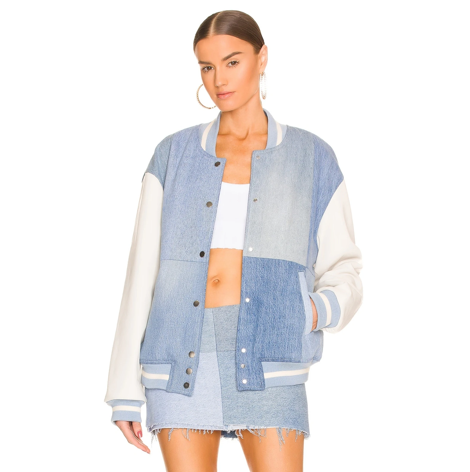 E B Denim Light Blue & Ivory Front Snap Button Closure Side Slant Pockets Leather Sleeves Patched Versity College Sports Jacket