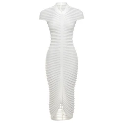 Kliou W23D34607 Summer Women Knitted Maxi Dress Hipster Striped Ruched Short Sleeve Sheer Body-shaping Slim Dress