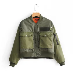 2023 Autumn Army Green Short Bomber Jacket Women Stand-up Collar Slim Zipper Cardigan Cotton Jacket