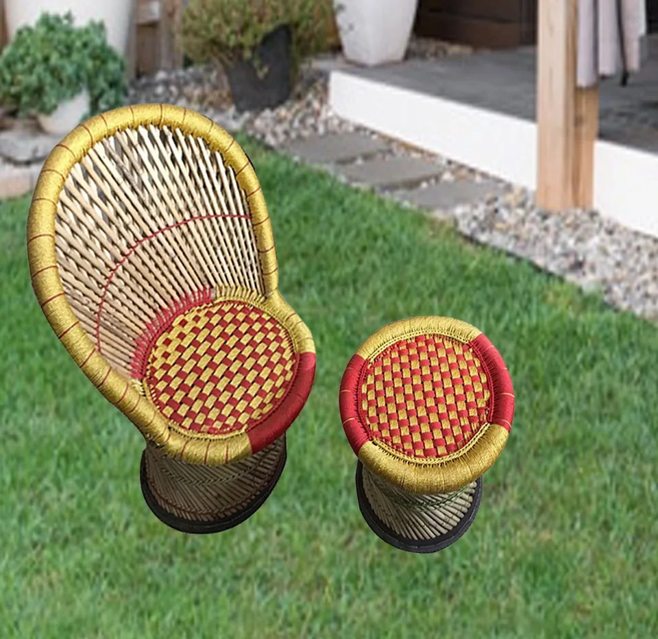 Top Quality  Mudda Bamboo Chair With Stool  indian Handicraft rattan Patio (Set Of 2) for Sitting/Relax indoor outdoor & garden