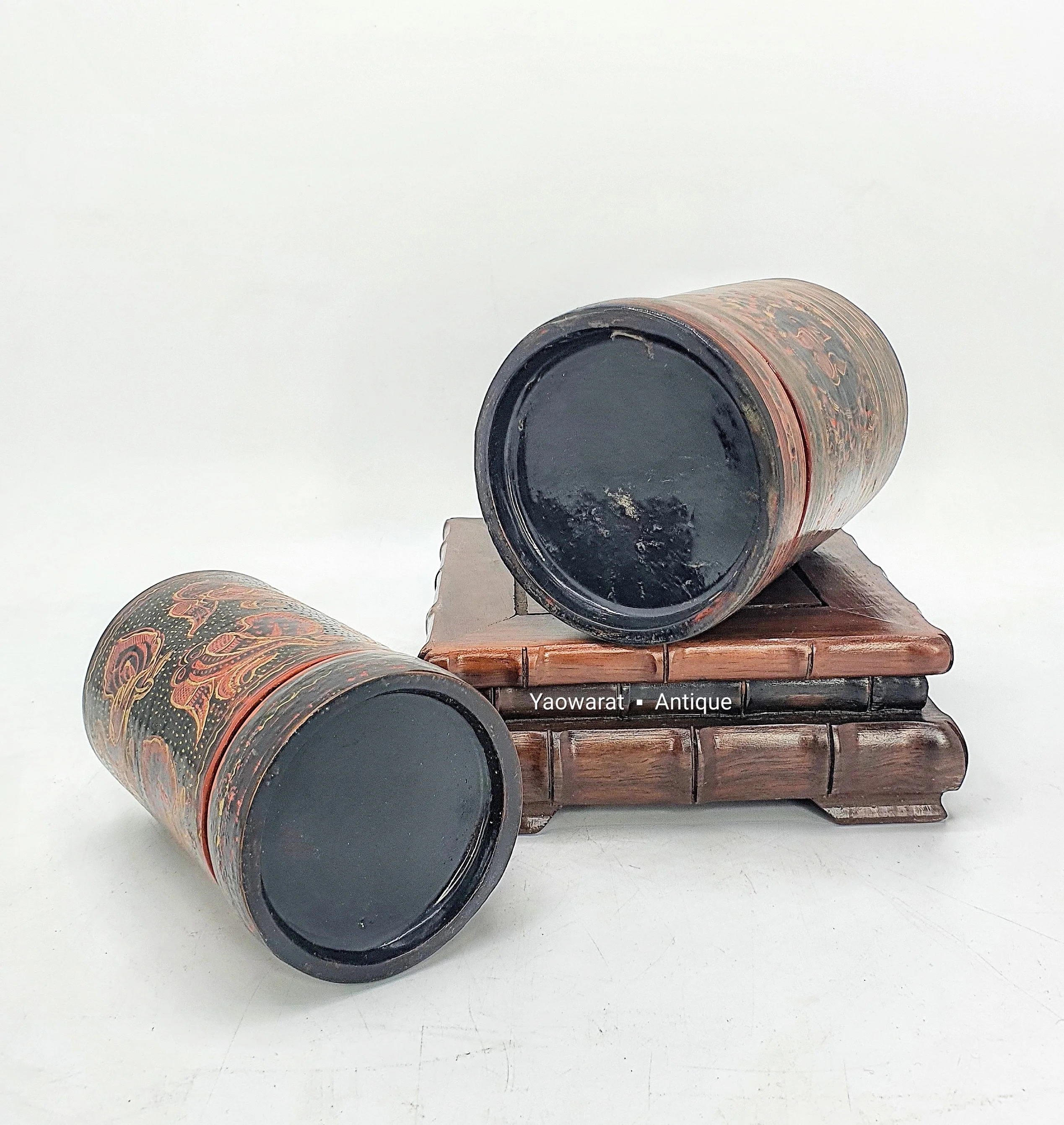 An Antique Group Of  Myanmar Lacquer Ware Cylindrical Shape Decorated With Animals For Collect And Decorated Home Decor
