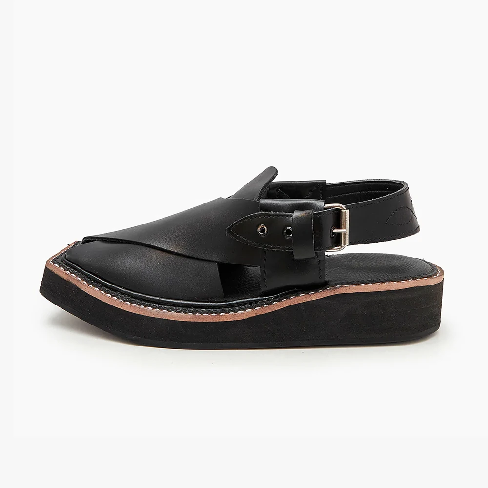 Height increasing men Peshawar sandal anti slippery pu chappal black color rubber sole buckle strap shoes Pakistani culture