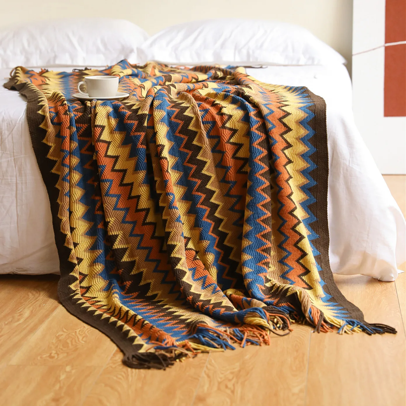 hot-sale modern style knit soft acrylic throw woven bohemia fleece picnic throw blanket knitted