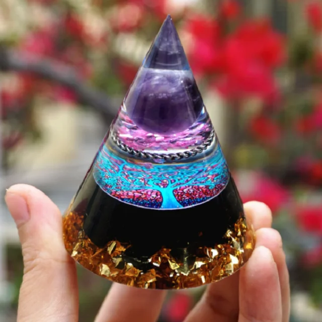 Amethyst Orgone Healing Cone Orgonite Cone Crystal Wedding Ring Holder Orgone Generator Meditation Tool E-Energy Protection
