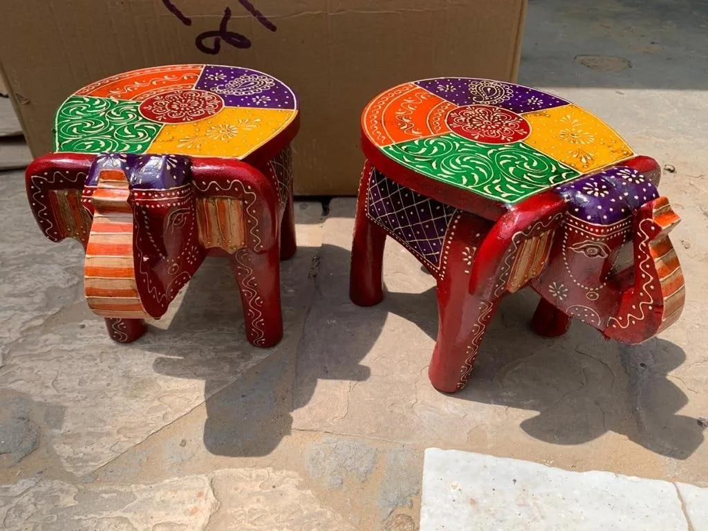 Rajasthani Hand Painted Traditional Design Jaipuri Craft Wooden Decorative Rajasthani Hand Painted Elephant Stool