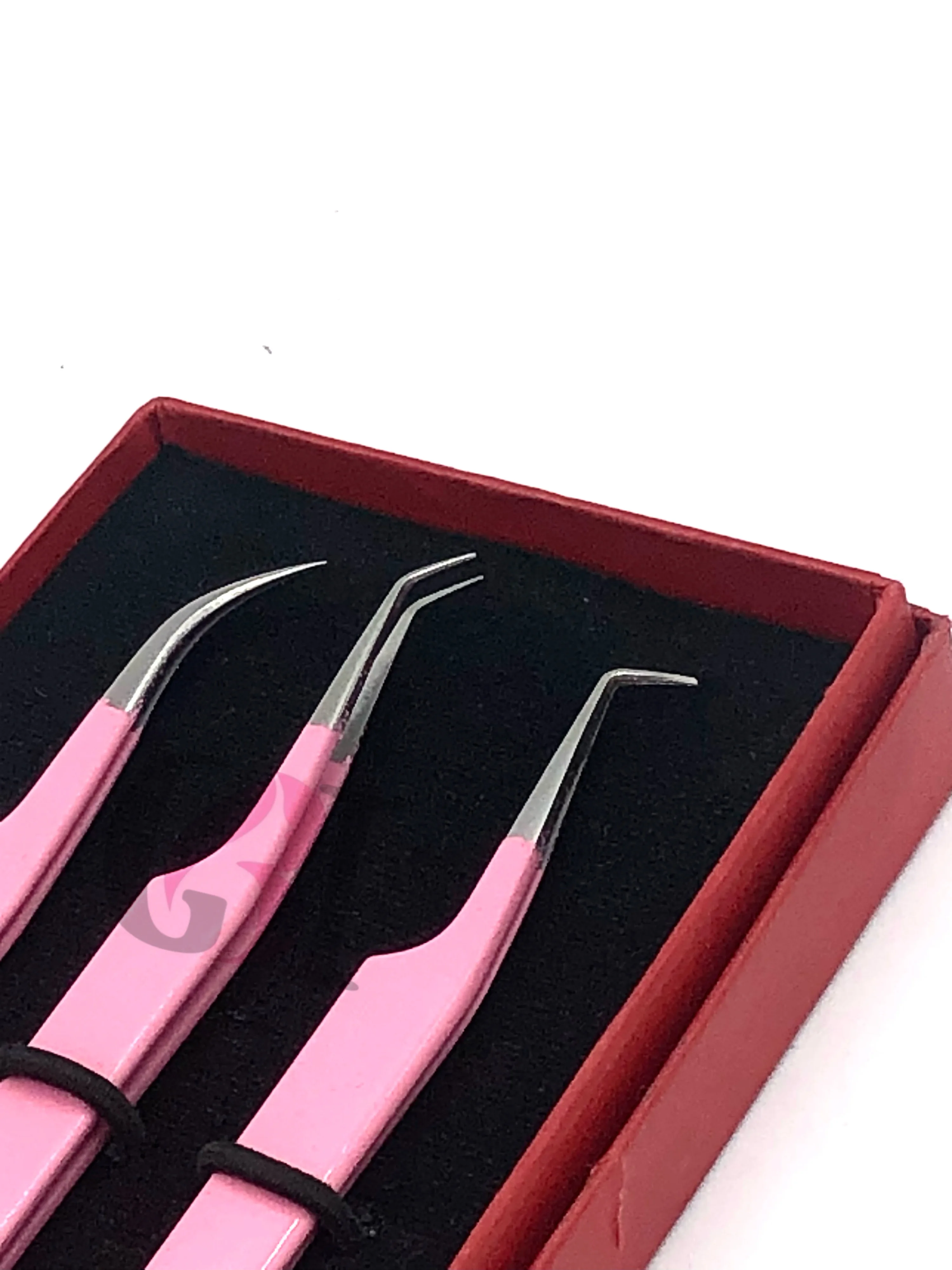 Best Eyelash Tweezers Set 90 Degree 45 Degree & Curved Light Pink Powder Coating Silver Tip Japanese Stainless Steel Beauty Tool