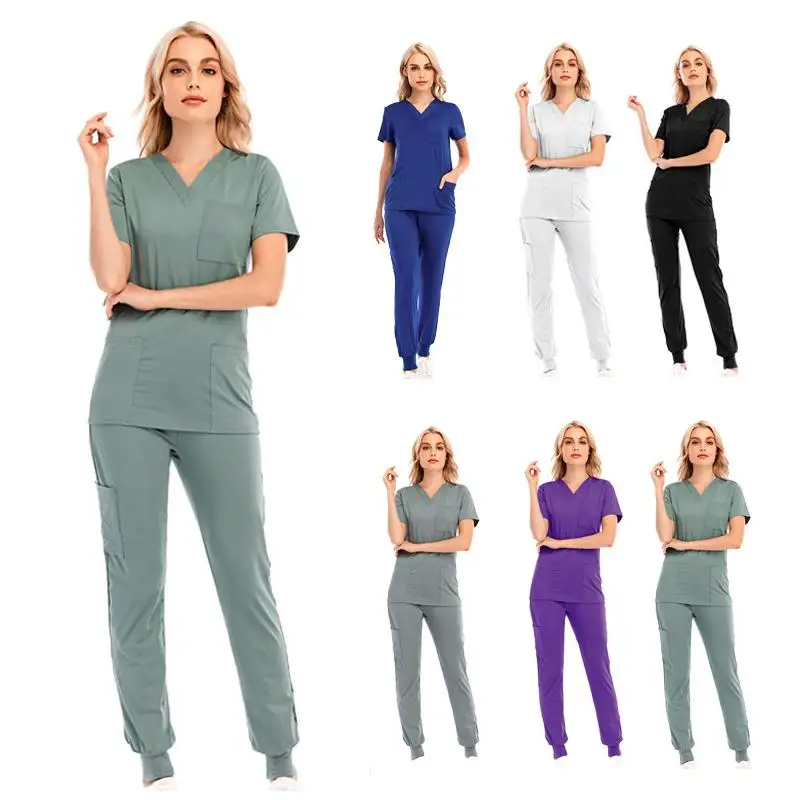 Print Casual Healthcare Comfortable Breathable Anti-ray Polyester Cotton Scrubs Nurse Short Sleeve Uniform Medical Scrubs OEM