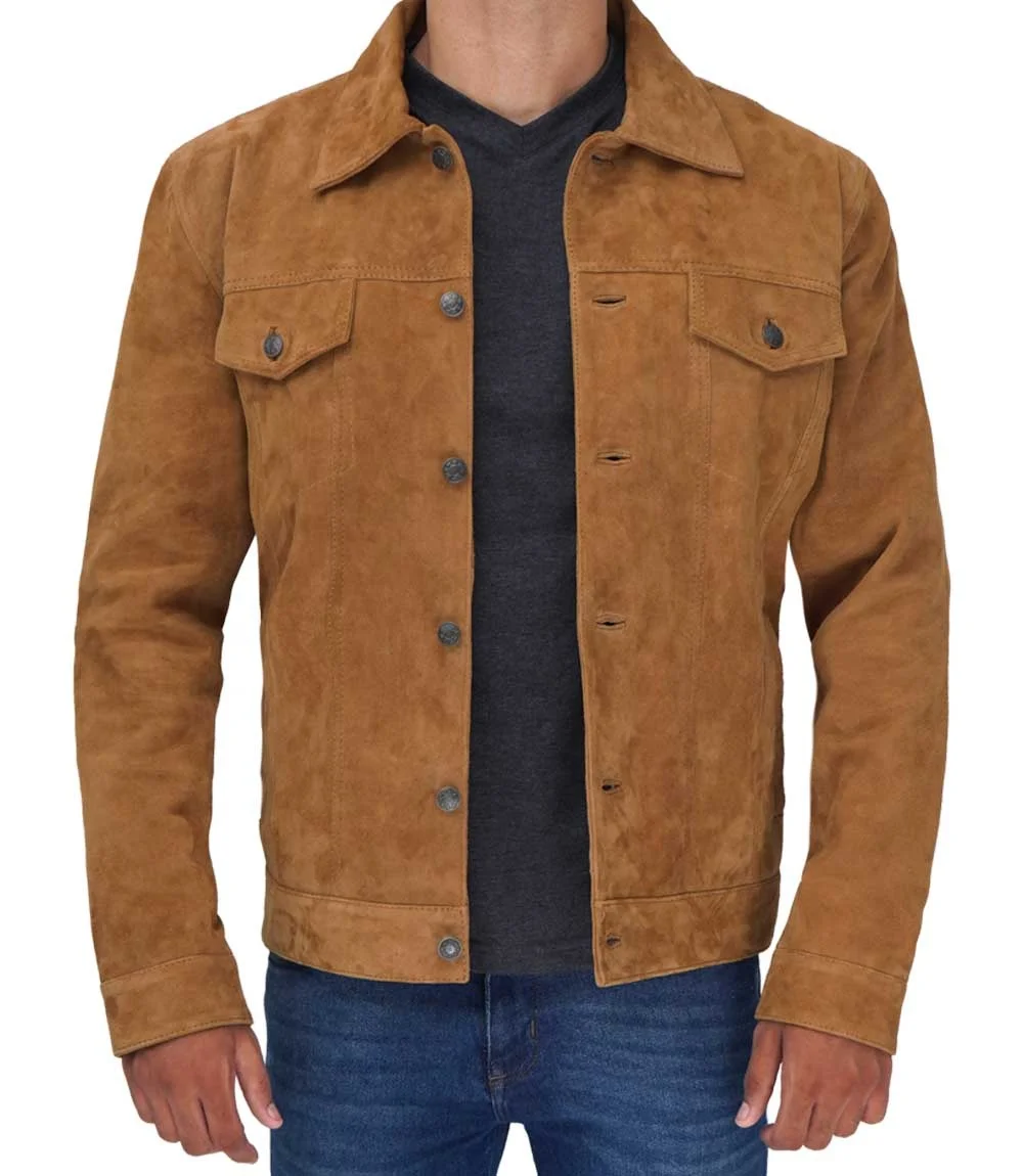 Super New Mens Suede Tan Leather Jacket  Windbreaker Leather Biker Jacket With Shirt collar with easy to fasten buttons Suede Ja