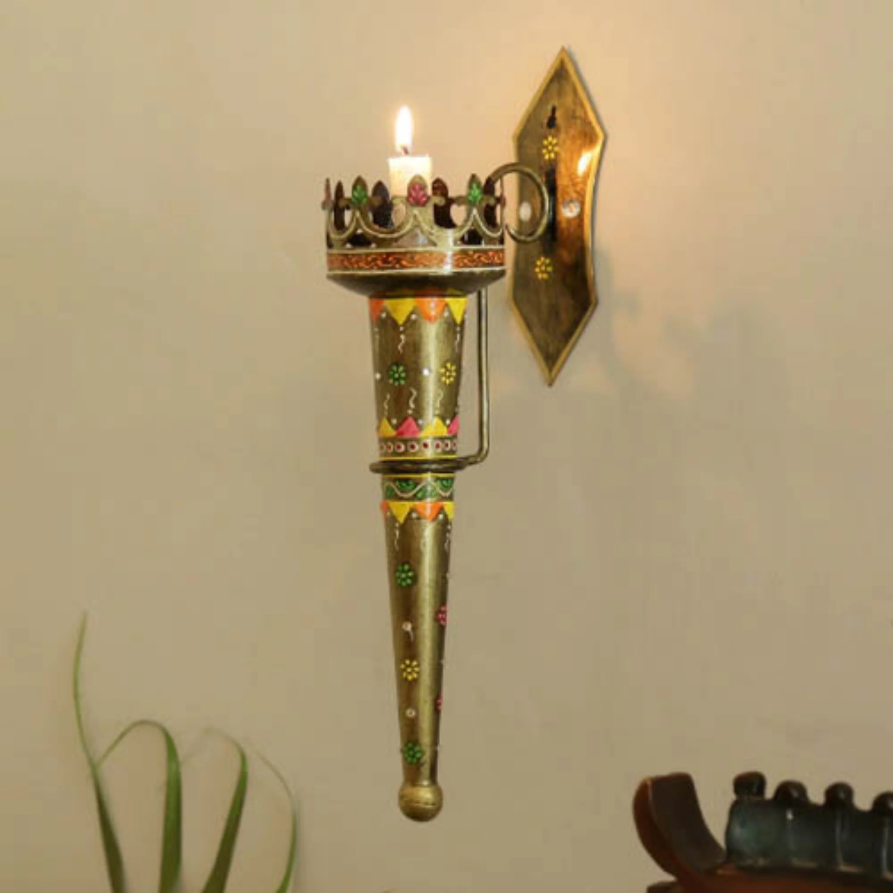 Hand painted iron wall hanging mashaal candle holder royal looking metal candle stand with stylish look for Home & Gifting Decor