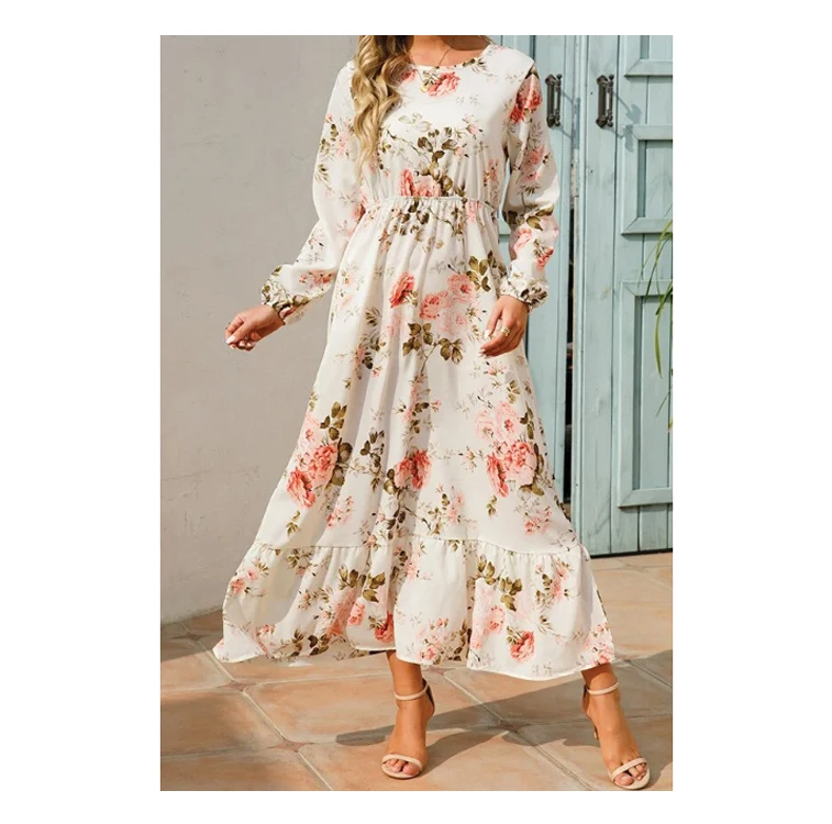 Washable Elastic Waist Midi Length Dress Best Quality Manufacturer of Custom Design Digital Print Women Floral Midi Dress