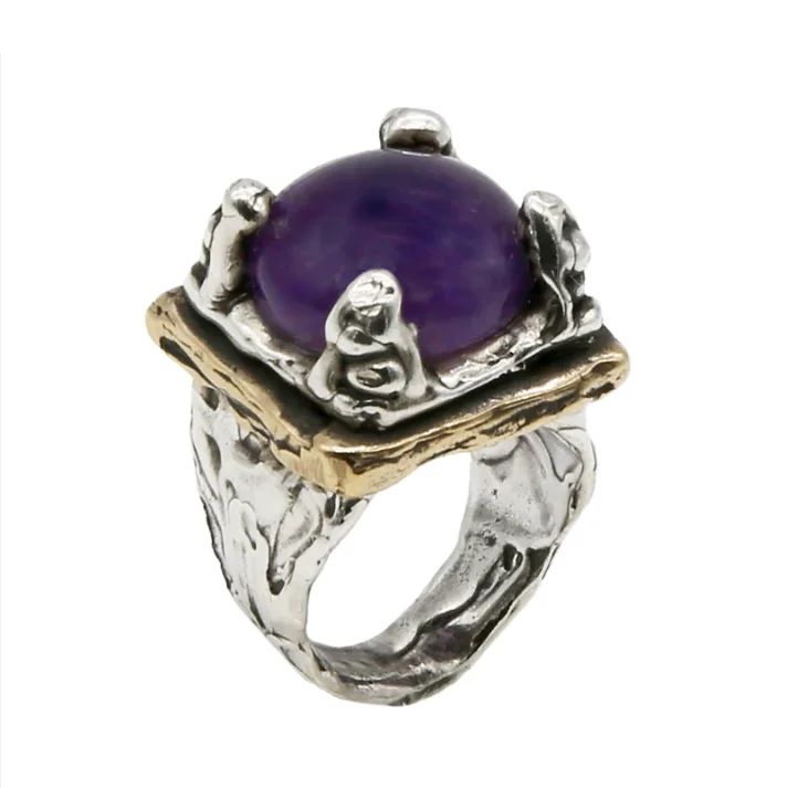 Fine jewellery handcrafted best quality silver 925 and bronze signet ring with semi-precious stone