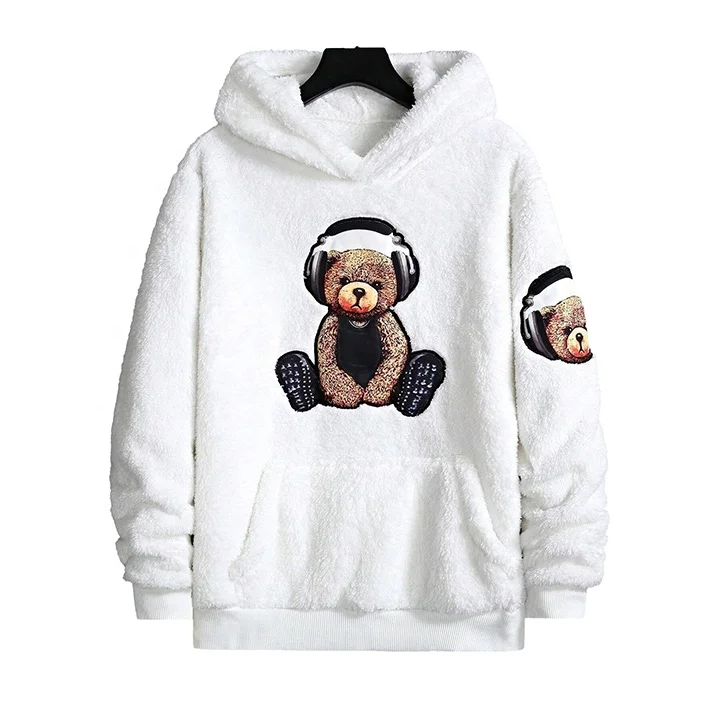 New Arrival Boys Sherpa Hoodie with Hood& Bear Embroidery Kangaroo Pocket  Street Fashion Wear Custom Sweatshirt For Men