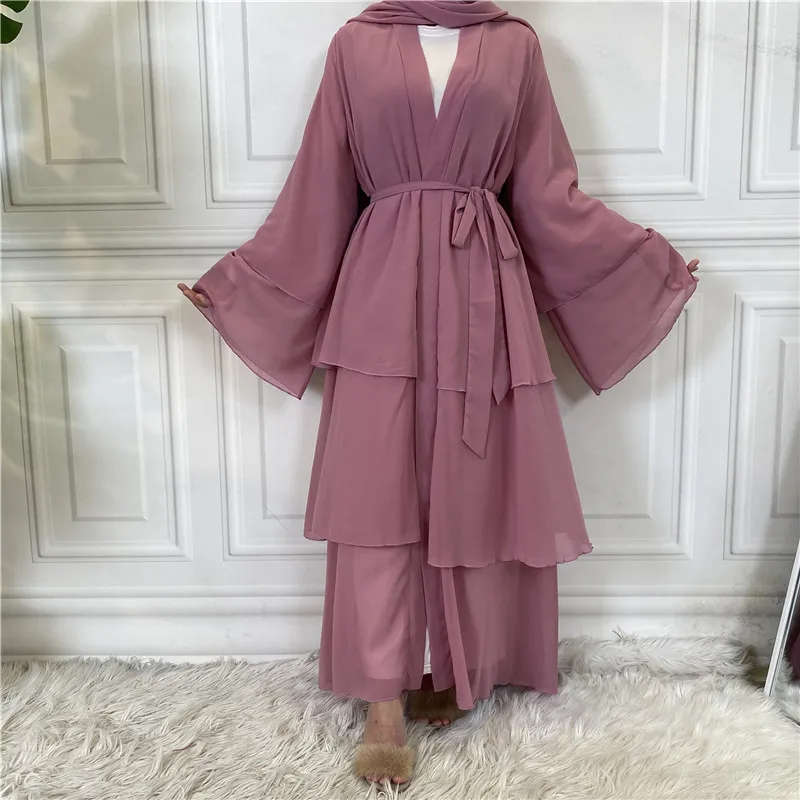 Middle East Female Islamic Ethnic Clothing Dubai Muslim 3 Layer Chiffon Cardigan Long Abaya Dress for Women